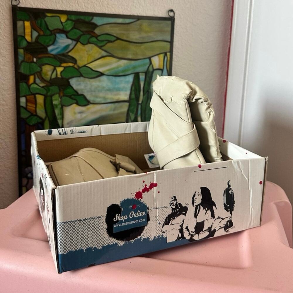 shiekh cream calf boots heels, need work vintage